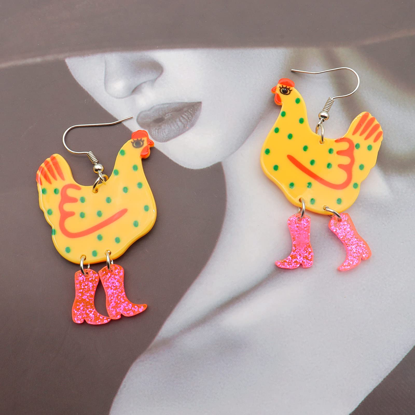 Acrylic Boot Big Chicken Earrings,Funny Colorful Boots Chicken Drop Dangle Earrings,Cock Hen Foot Chicken Earrings for Women Farm Design Lovely Gift (Yellow)