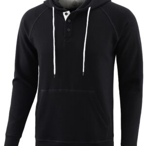 Vetemin Men's Casual Athletic Midweight Comfy Soft Fleece Active Sports Pullover Henley Hoodie Sweatshirt Black/H.Oatmeal L