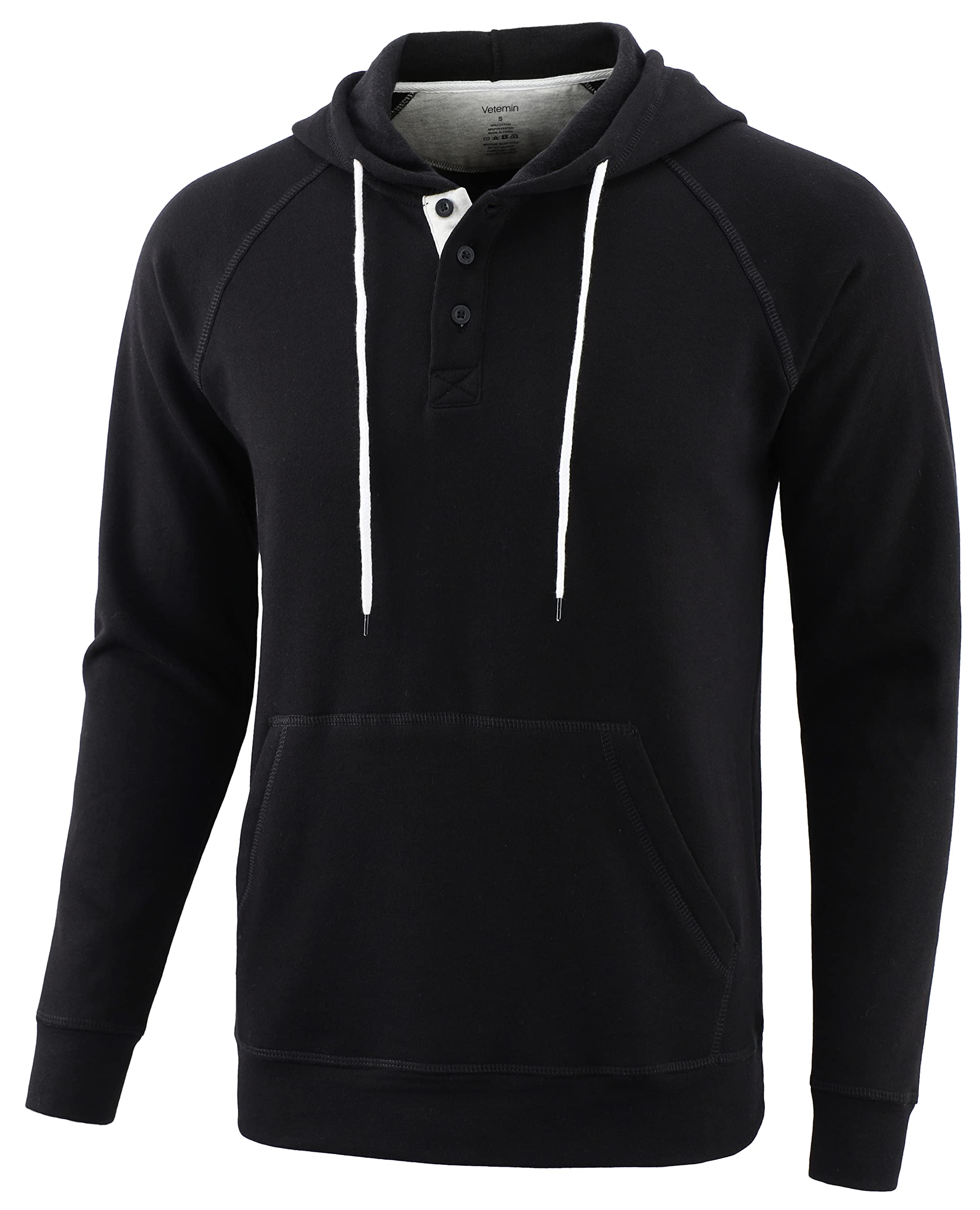 Vetemin Men's Casual Athletic Midweight Comfy Soft Fleece Active Sports Pullover Henley Hoodie Sweatshirt Black/H.Oatmeal L