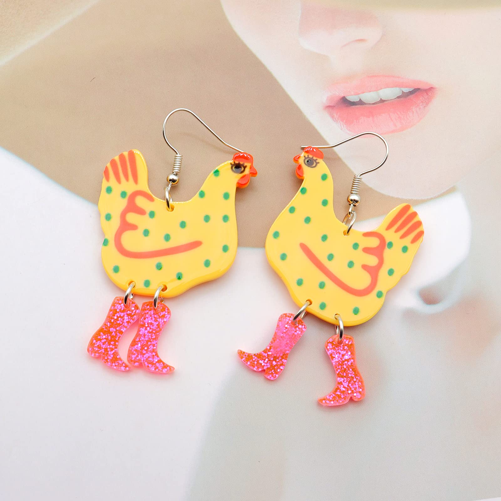 Acrylic Boot Big Chicken Earrings,Funny Colorful Boots Chicken Drop Dangle Earrings,Cock Hen Foot Chicken Earrings for Women Farm Design Lovely Gift (Yellow)