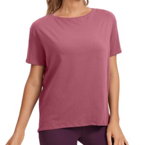 CRZ YOGA Women's Pima Cotton Short Sleeve Shirts Boat Neck Loose Fit Gym Workout T-Shirt Athletic Casual Tops Misty Merlot X-Large