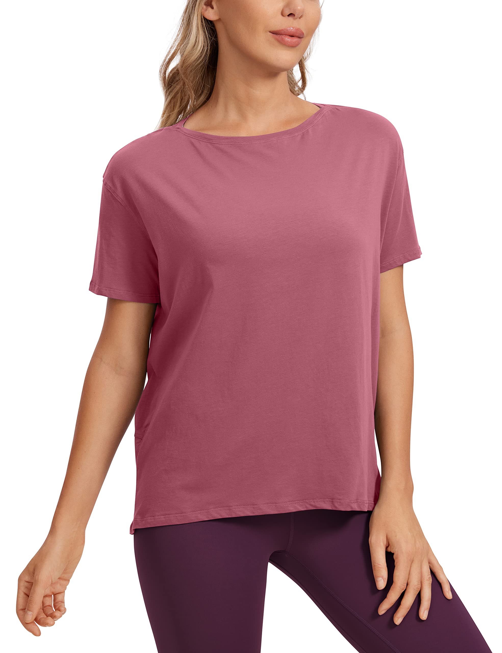 CRZ YOGA Women's Pima Cotton Short Sleeve Shirts Boat Neck Loose Fit Gym Workout T-Shirt Athletic Casual Tops Misty Merlot X-Large