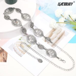 LEACOOLKEY Women Silver Western Concho Chain Belt Boho Metal Western Cowgirl Chain Belt for Dress Adjustable