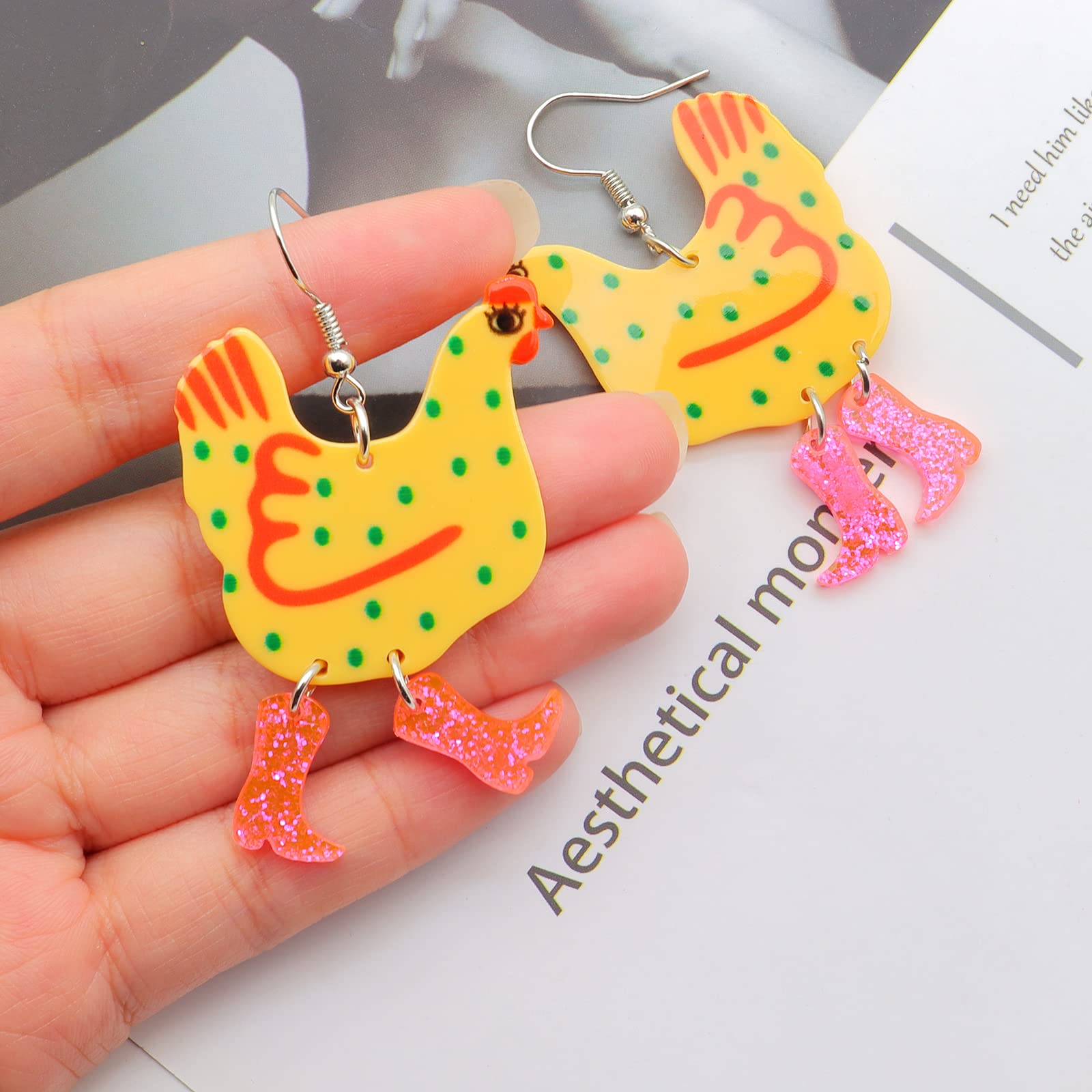 Acrylic Boot Big Chicken Earrings,Funny Colorful Boots Chicken Drop Dangle Earrings,Cock Hen Foot Chicken Earrings for Women Farm Design Lovely Gift (Yellow)