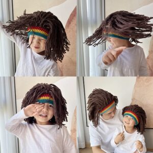 Men Knit Hat with Hair Boys Funny Handmade Knitting Winter Hat Beanie Rasta Hat with Dreadlocks (B-Brown)