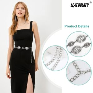 LEACOOLKEY Women Silver Western Concho Chain Belt Boho Metal Western Cowgirl Chain Belt for Dress Adjustable