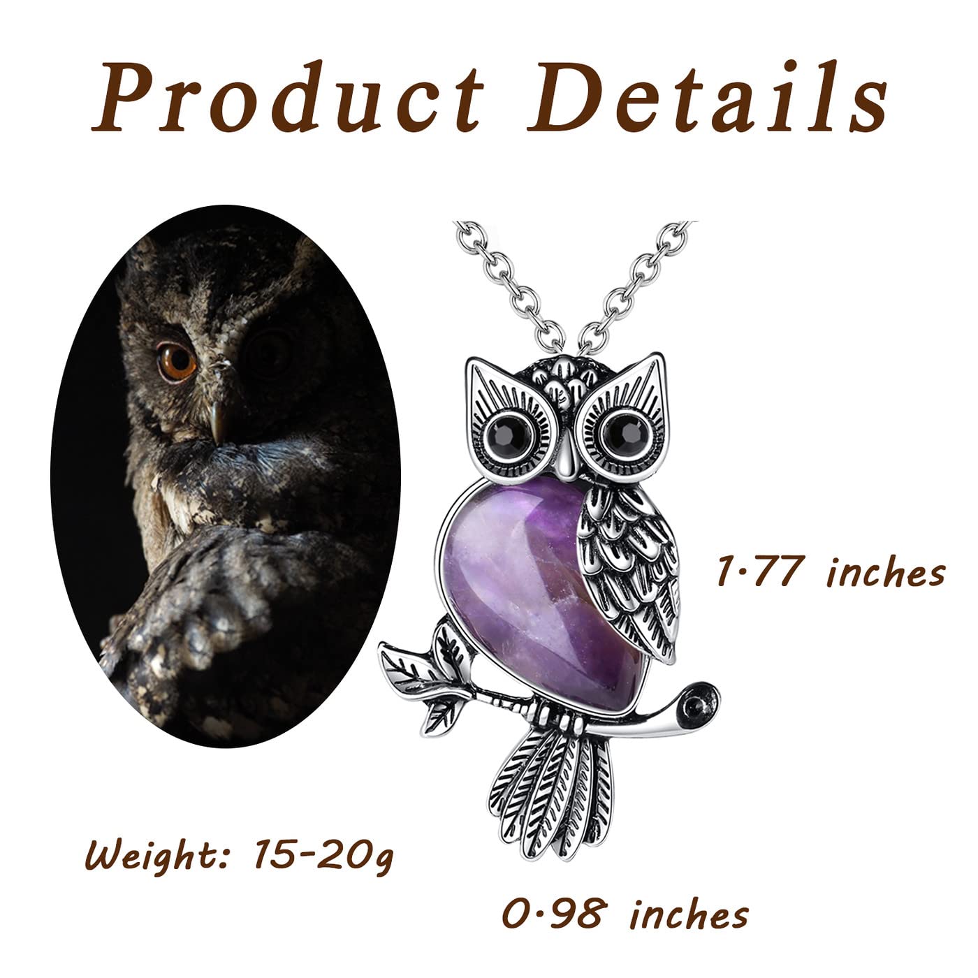 MAIBAOTA Owl Necklace for Women, Chirstmas Owl Gifts for Women, Amethyst Necklace, Natural Crystal Owl Jewelry