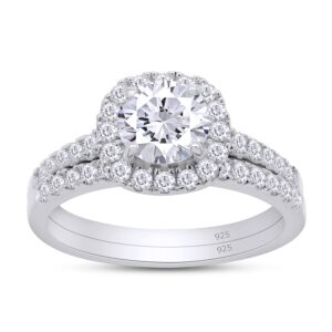 1.25ct 925 sterling silver white gold plated bridal ring set round moissanite diamond halo cushion frame engagement ring wedding bands for women promise ring for her (vvs1)