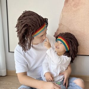 Men Knit Hat with Hair Boys Funny Handmade Knitting Winter Hat Beanie Rasta Hat with Dreadlocks (B-Brown)