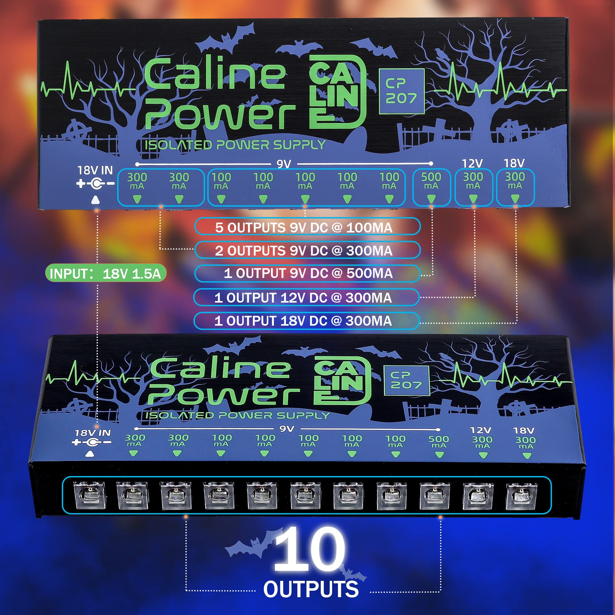 Caline CP-207 Guitar Pedal Power Supply, True Isolated Pedal Board Power Supply with 10 Totally Isolated DC 9V/12V/18V Outputs(100mA/300mA/500mA), Noiselessly