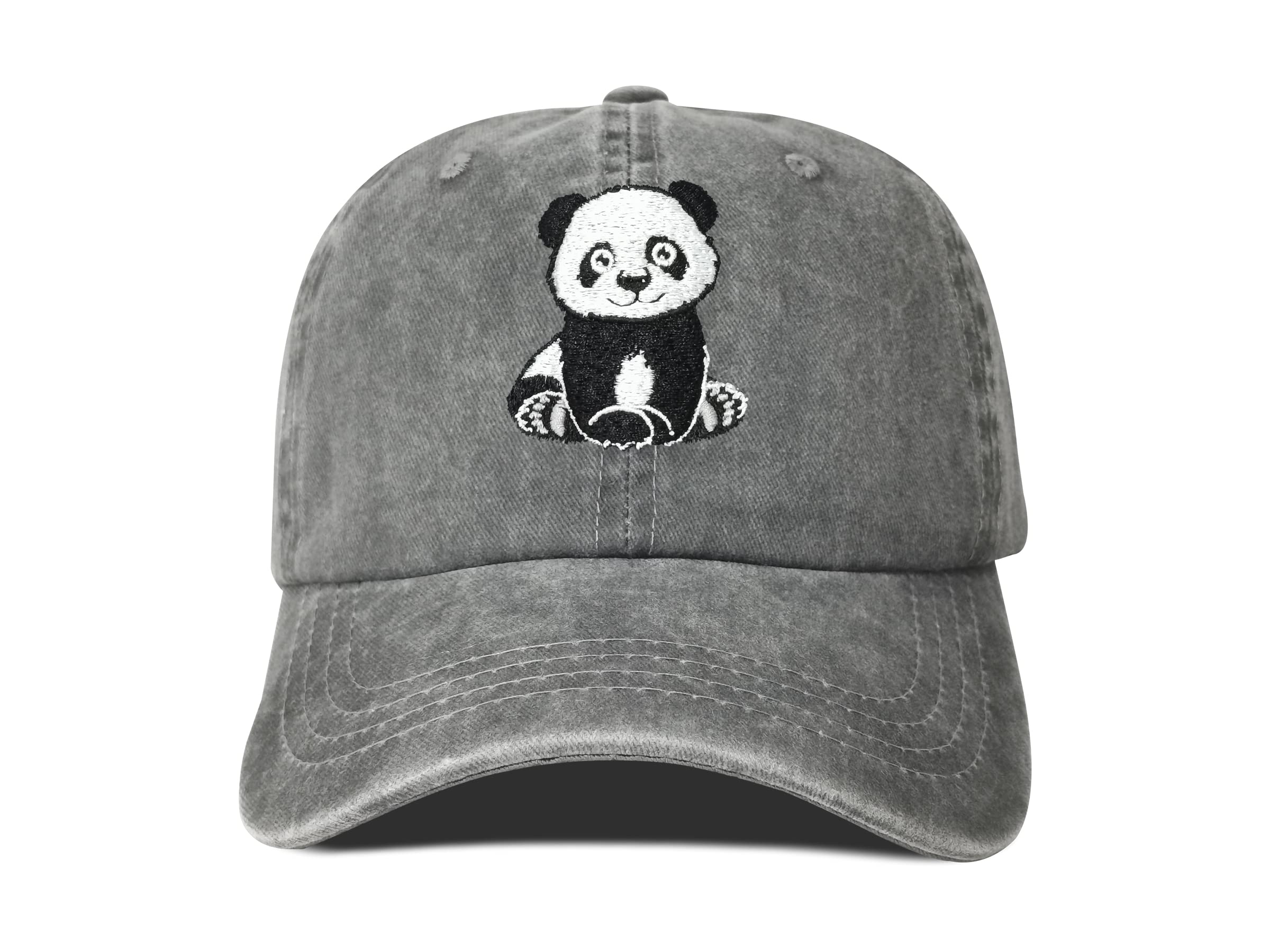 Hepandy Embroidered Panda Bear Baseball Hat for Men Women Kids, Washed Grey Embroidery Snapback Cap Trucker Hat Adjustable Dad Hats