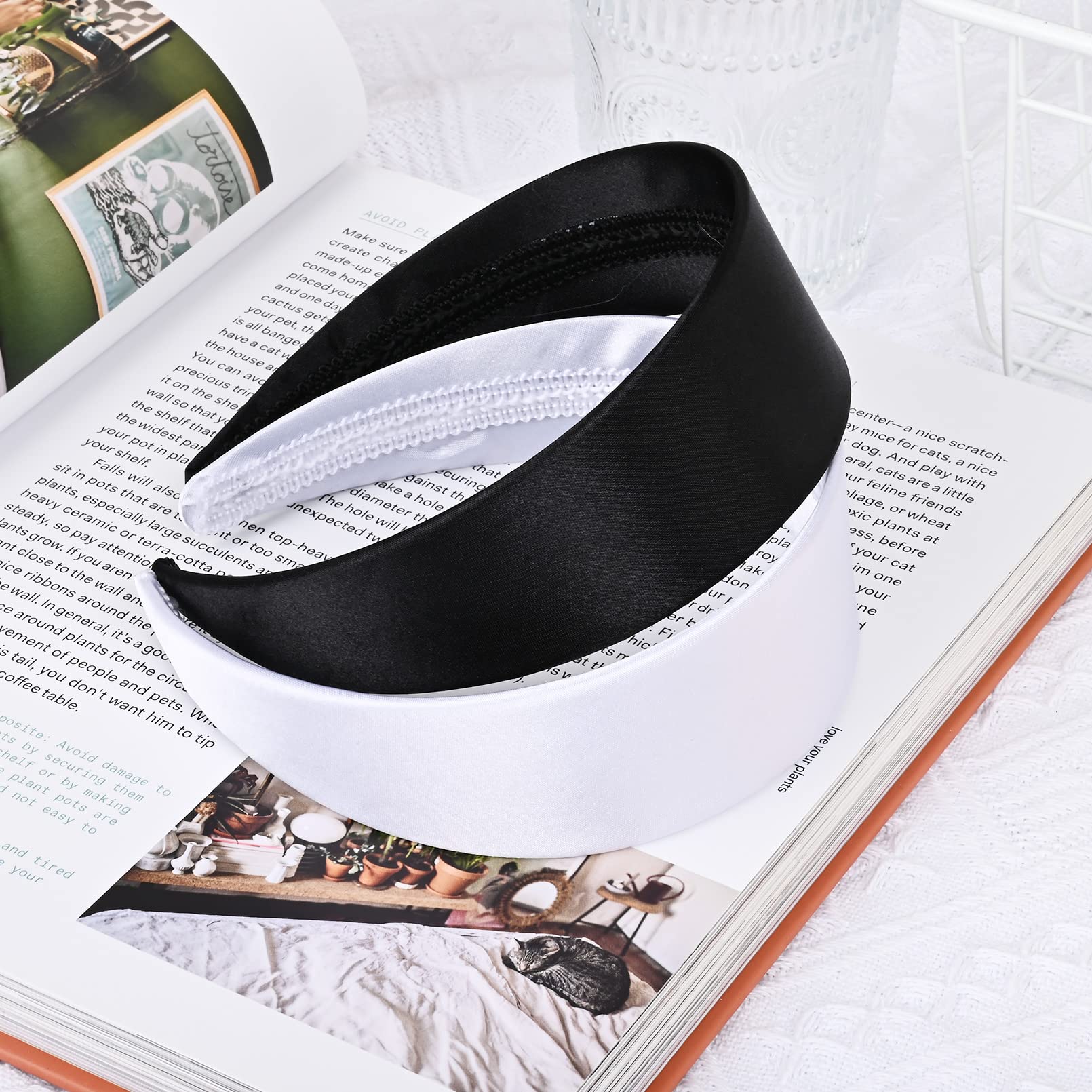 DEEKA 2 Inch Wide Satin Headband for Women and Girls -White/Black