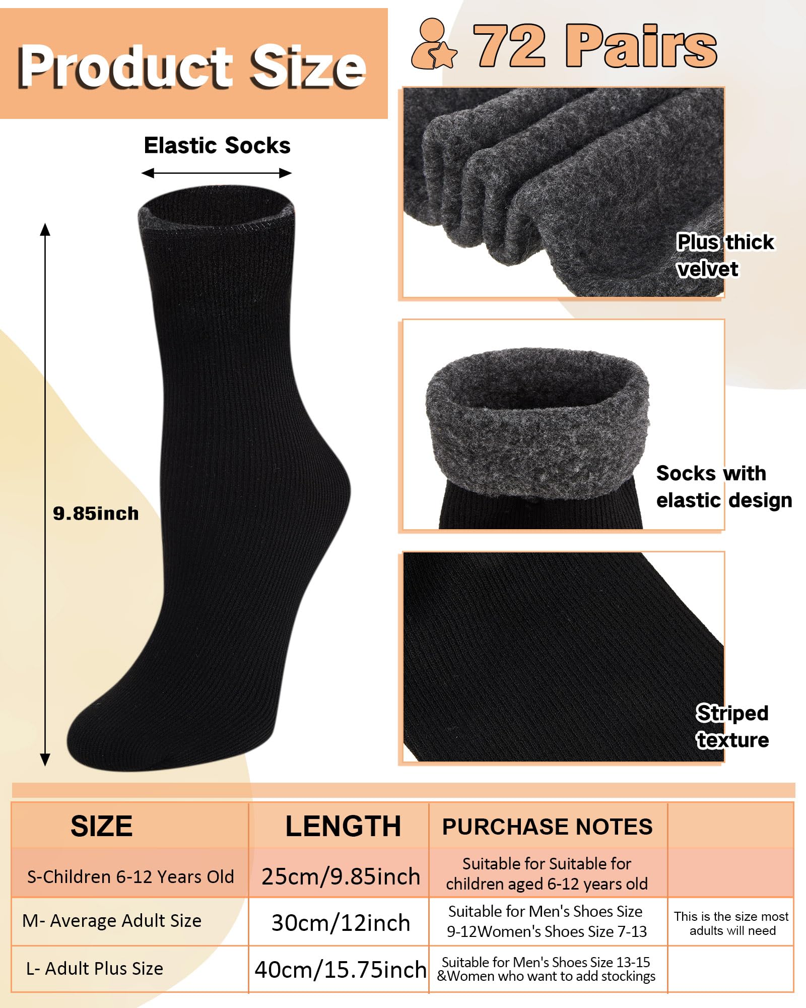 72 Pairs Thermal Socks Bulk Socks Thick Winter Socks Unisex One Size Socks for Men Women Homeless Care Package (Black,Medium)