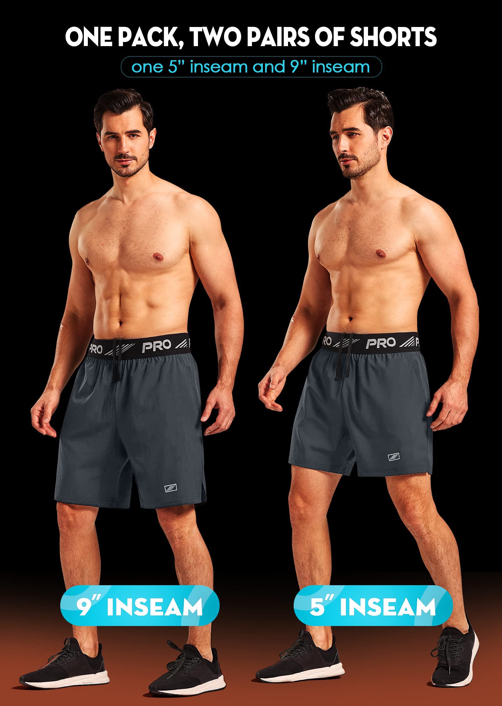 ACESHIP 2 Pack Workout Running Shorts Quick Dry Athletic Shorts 5" and 9" Lightweight Gym Shorts with Zipper Pockets Gray