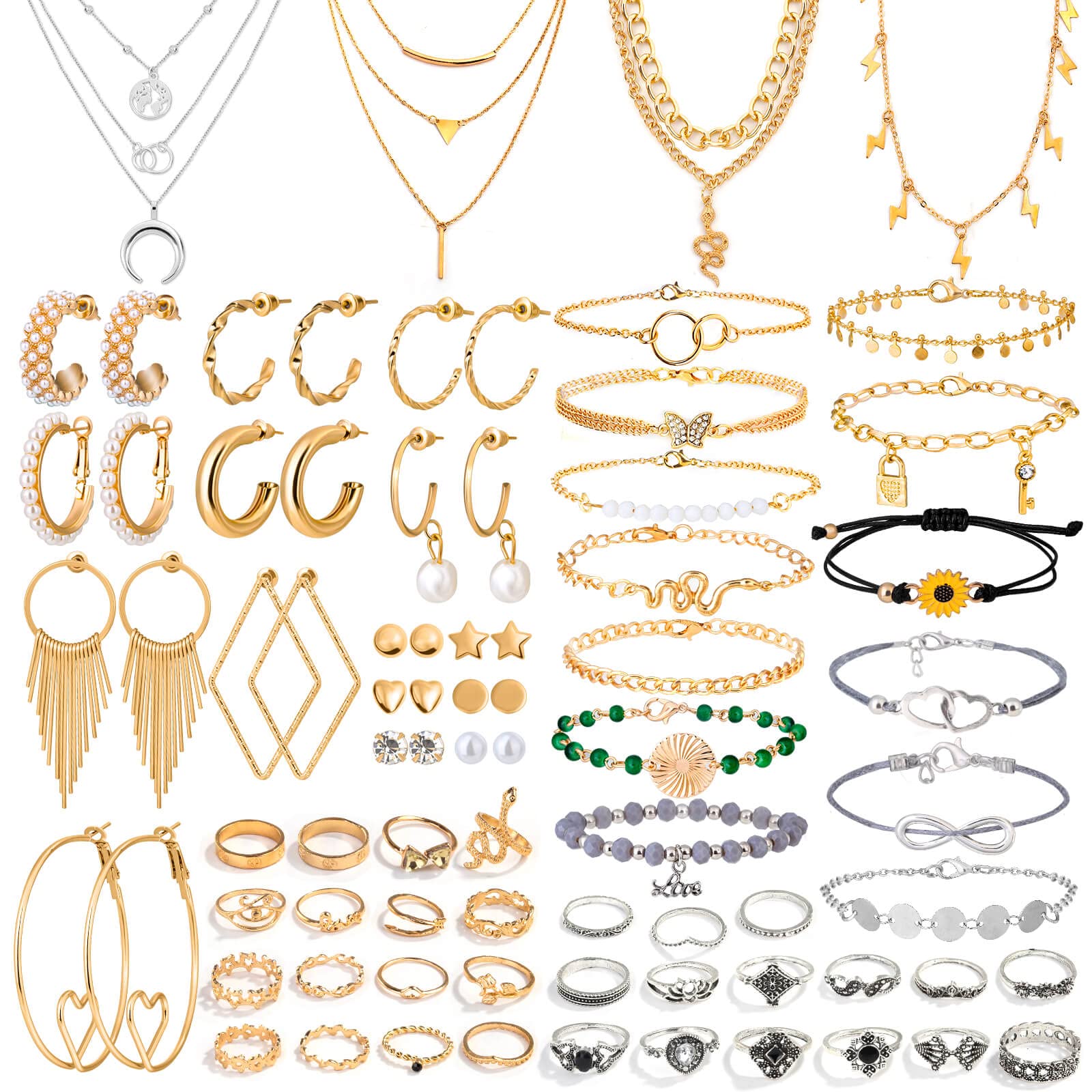 Thrilez 63 Pack of Jewelry Set for Women, Including 15 Pairs Fashion Earrings, 4 Pack Cute Necklaces, 13pc Aesthetic Bracelets/Anklets and 31pc Dainty Rings, Trending Gift for Ladies