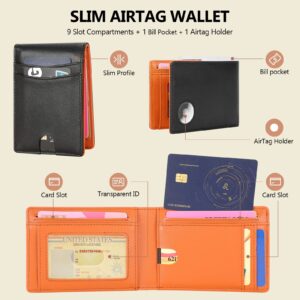 LAKIPETN Mens Slim Leather Bifold AirTag Wallet with Money Pocket RFID Blocking 8 Credit Card Slots | Bill Divider | ID Window | Wallets Holder Compatible with Apple Air Tag, with Gift Box