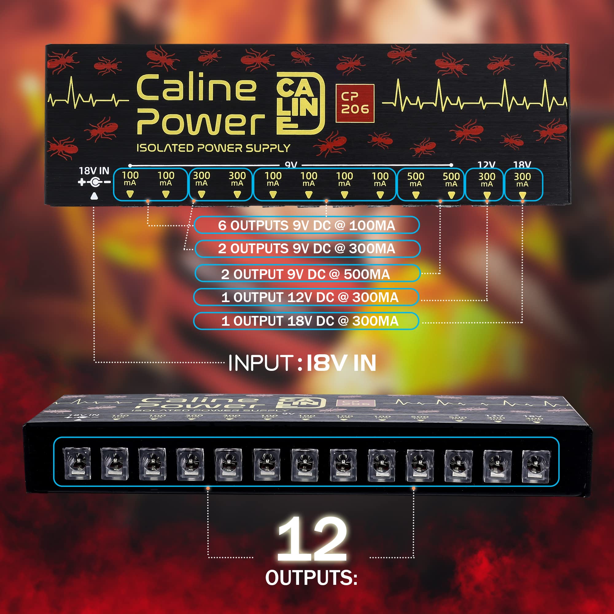 Caline Guitar Pedal Power Supply, True Isolated Pedalboard Power Supply with 12 Outputs, Noiselessly CP-206