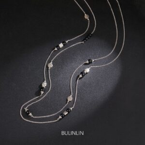 BULINLIN Layered Silver Long Necklace for Women Turquoise Stone Beaded Strand Sweater Chain Necklaces Fashion Costume Jewelry Gifts for Mom(Black)