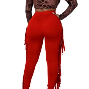 Women's Fringe Pants Casual High Waist Solid Bodycon Side Tassel Pants Yoga Pants Sweatpants Bandage Pants Red Large