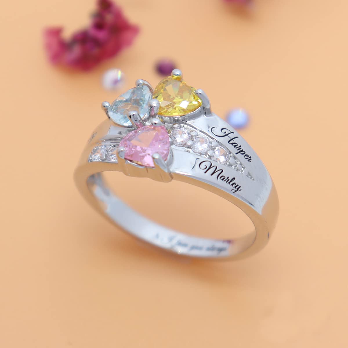 Tribitneer Personalized Mothers Rings with 3 Simulated Birthstones Custom Name Promise Rings for Women Family Name Rings for Mom Grandmother