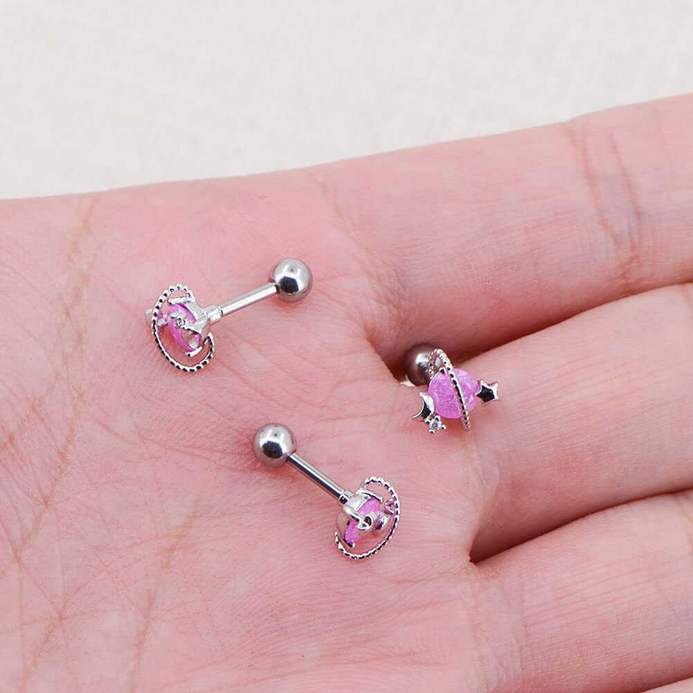 OUFER 16G Cartilage Earrings, 316L Surgical Steel Helix Earring Studs, Star Moon Pink Stone Saturn Planet Tragus Earrings For Women And Men