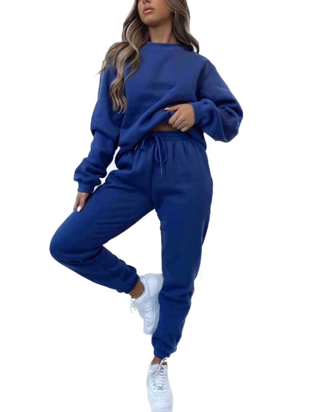 KANSOON Women Sweatsuits Sets Two Piece Outfits Long Sleeve Round Neck Top Sweatpants Tracksuits Sets Loungewear Blue M