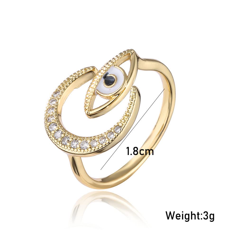 18K Gold Plate Open Ring Moon Star Evil Eye Stainless Steel One Size Adjustable Band Cubic Zircon Ring Jewelry (Moon & Evil Eye)