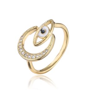 18k gold plate open ring moon star evil eye stainless steel one size adjustable band cubic zircon ring jewelry (moon & evil eye)