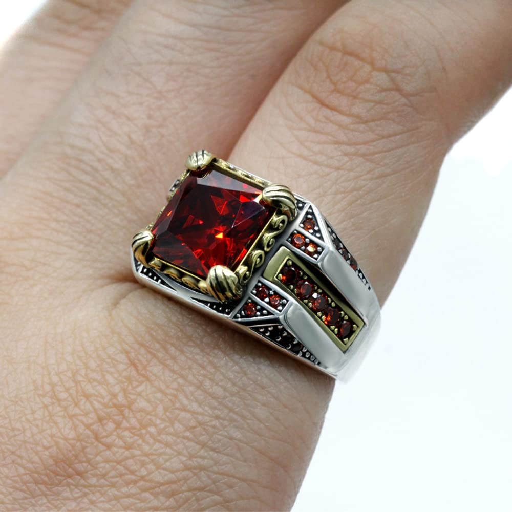 LovePlus Solid S925 Sterling Silver Square Natural Red Cut Zircon Ring Handmade Elegant Style Stone Men's/Women's Ring, Suitable for Daily Wear Gift Size (10)