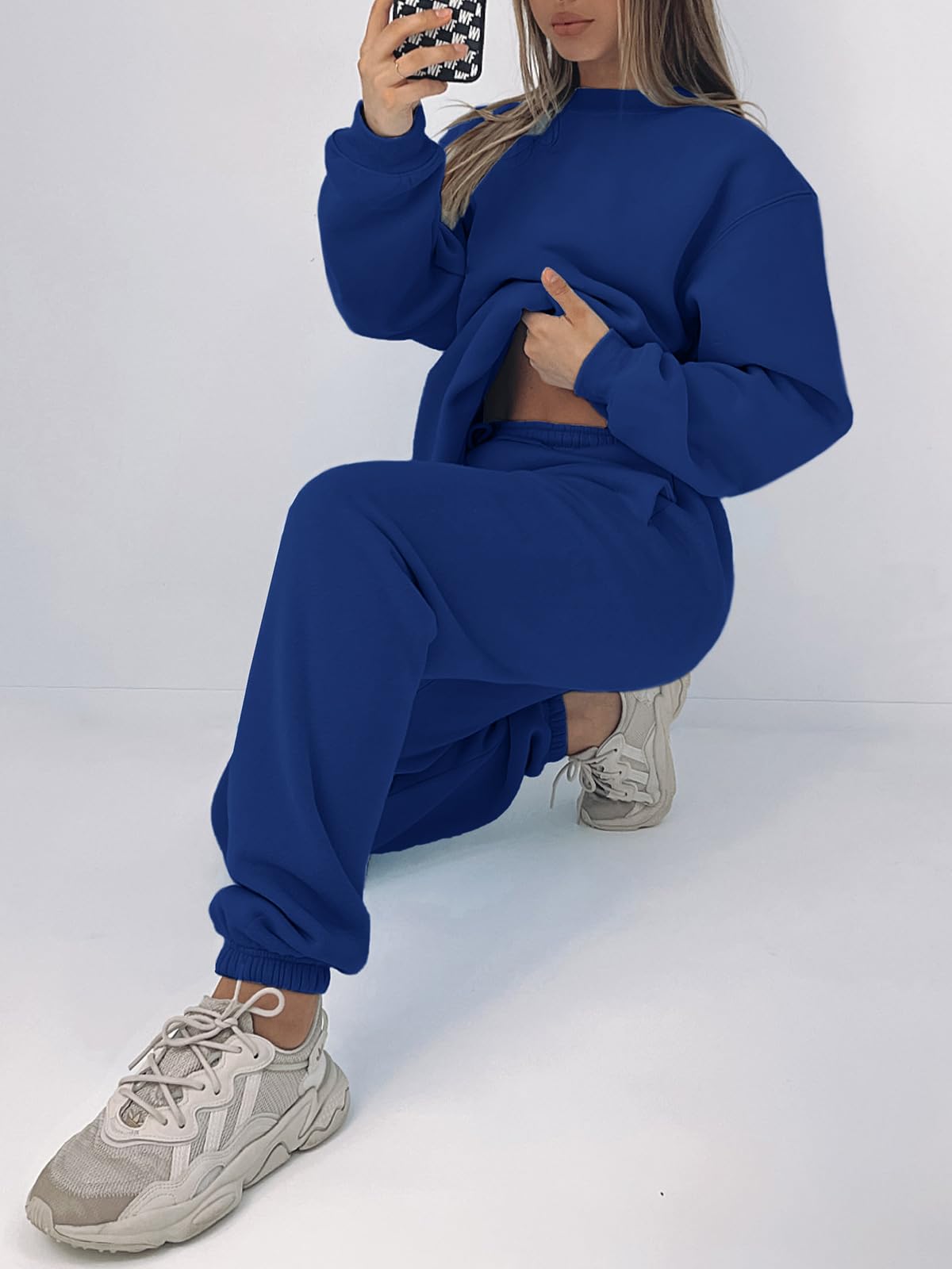 KANSOON Women Sweatsuits Sets Two Piece Outfits Long Sleeve Round Neck Top Sweatpants Tracksuits Sets Loungewear Blue M