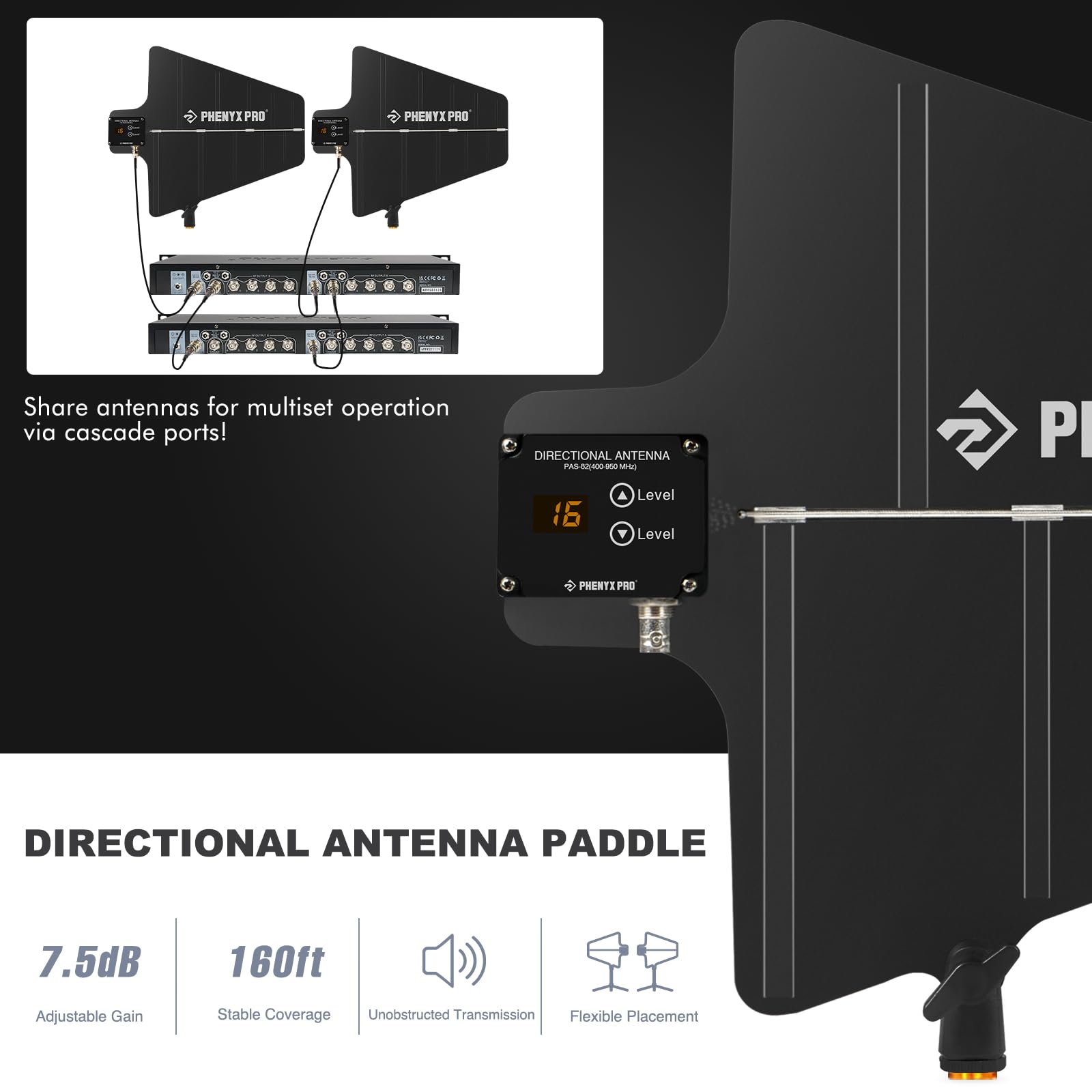 Phenyx Pro PAS-225X UHF Wireless Antenna Distribution System Bundle, Active Directional Antennas, 8 Outputs + 2 Cascade Ports, 160ft Long Coverage, for Stages and Live Shows