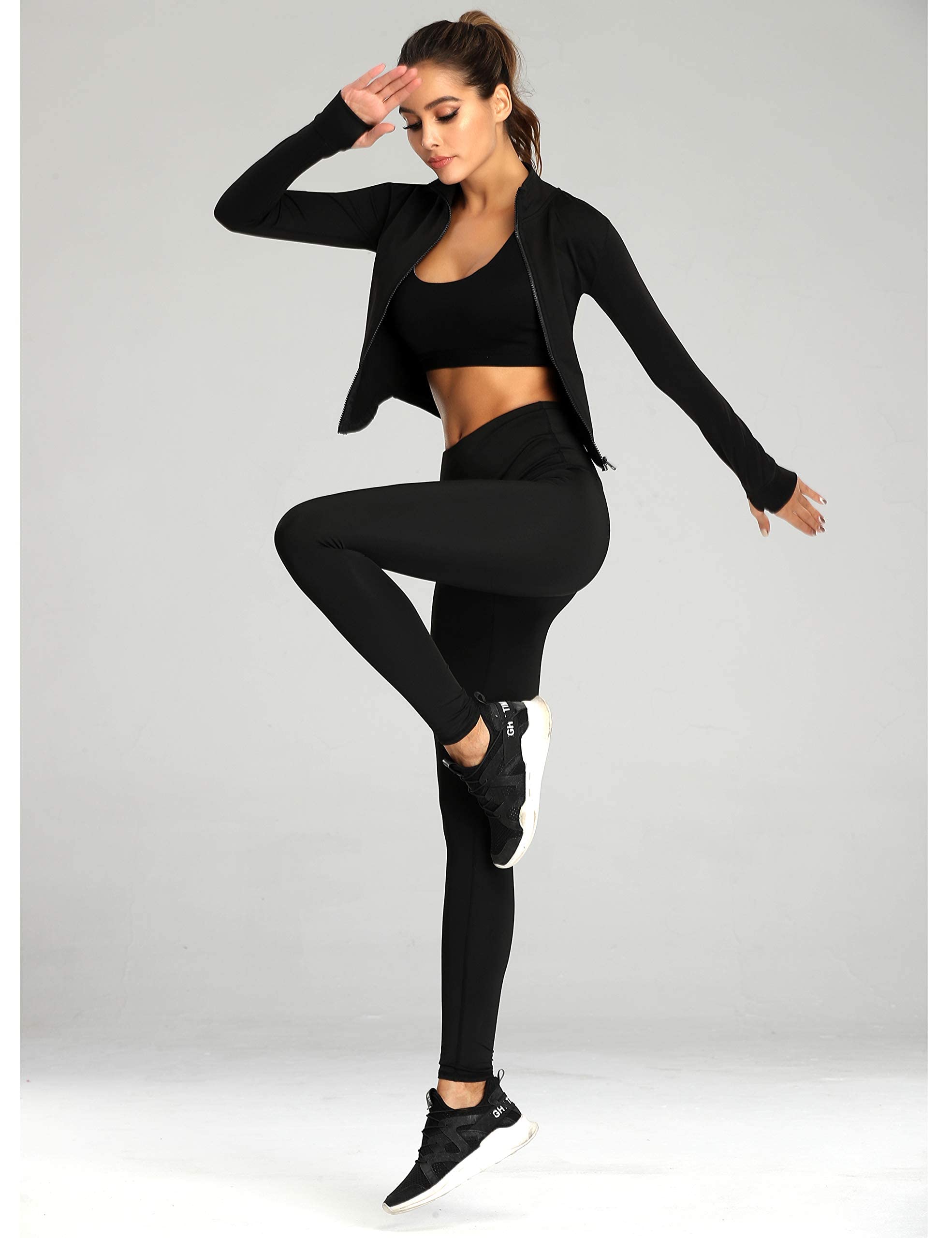 UANEO Workout Tops for Women Cropped Workout Jackets for Women Yoga Athletic Jacket (Black-L)