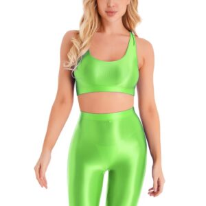 YiZYiF Women Glossy 2 Piece Set Yoga Crop Top Shorts Set Outfits Sleeveless Tracksuit Workout Set Fluorescent Green X-Large