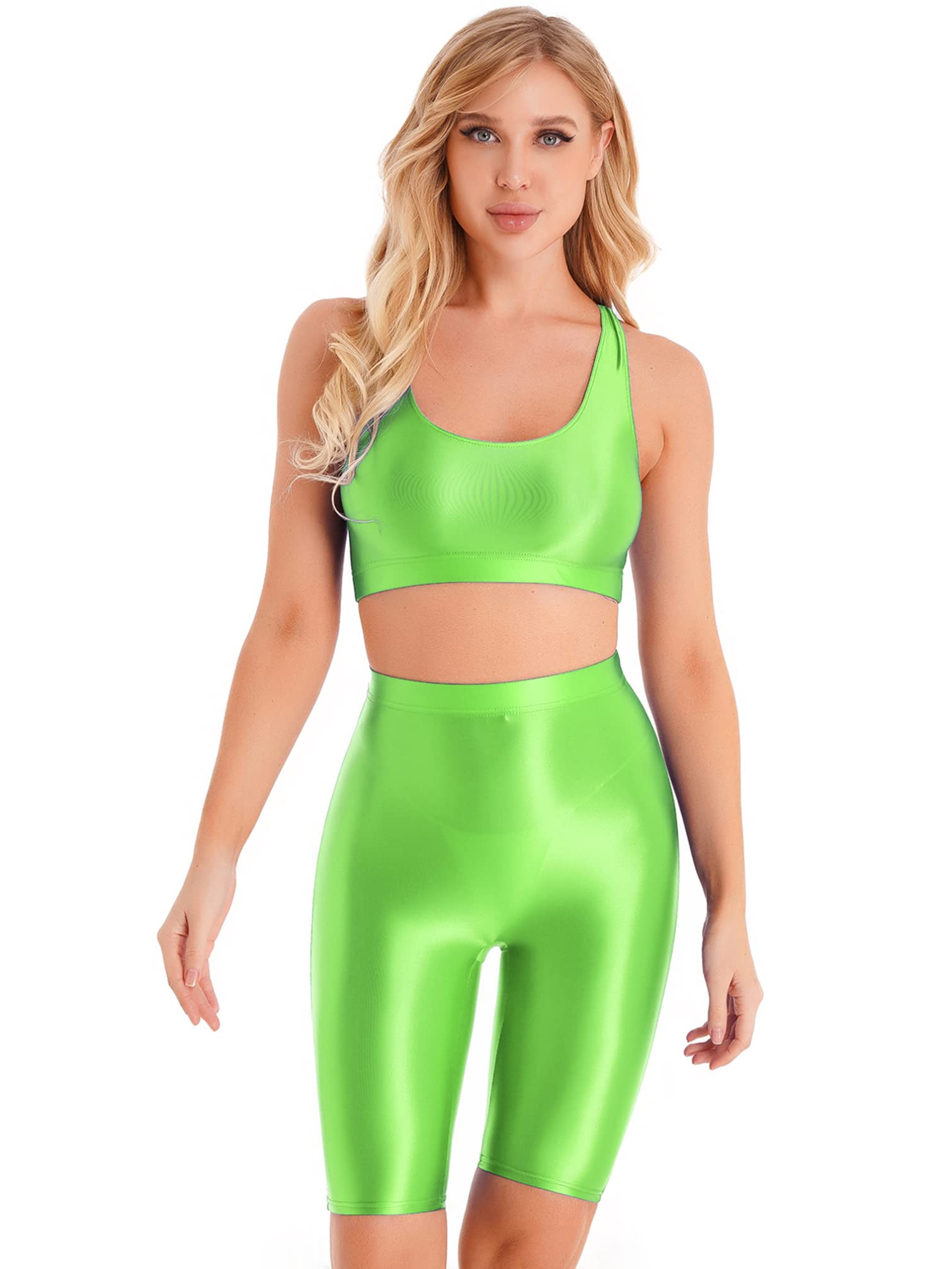 YiZYiF Women Glossy 2 Piece Set Yoga Crop Top Shorts Set Outfits Sleeveless Tracksuit Workout Set Fluorescent Green X-Large