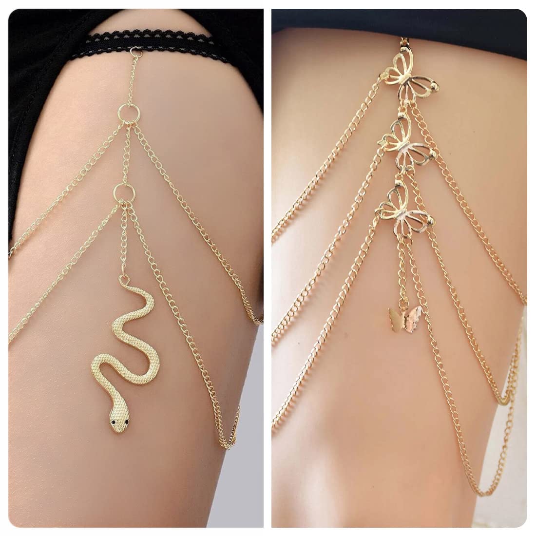 Thigh Jewelry for Women - 2 Pcs Leg Chain Snake Butterfly Boho Women's Body Chains for Teen Girls Layered Beach Body Jewelry for Summer Holiday