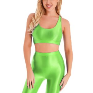 YiZYiF Women Glossy 2 Piece Set Yoga Crop Top Shorts Set Outfits Sleeveless Tracksuit Workout Set Fluorescent Green X-Large