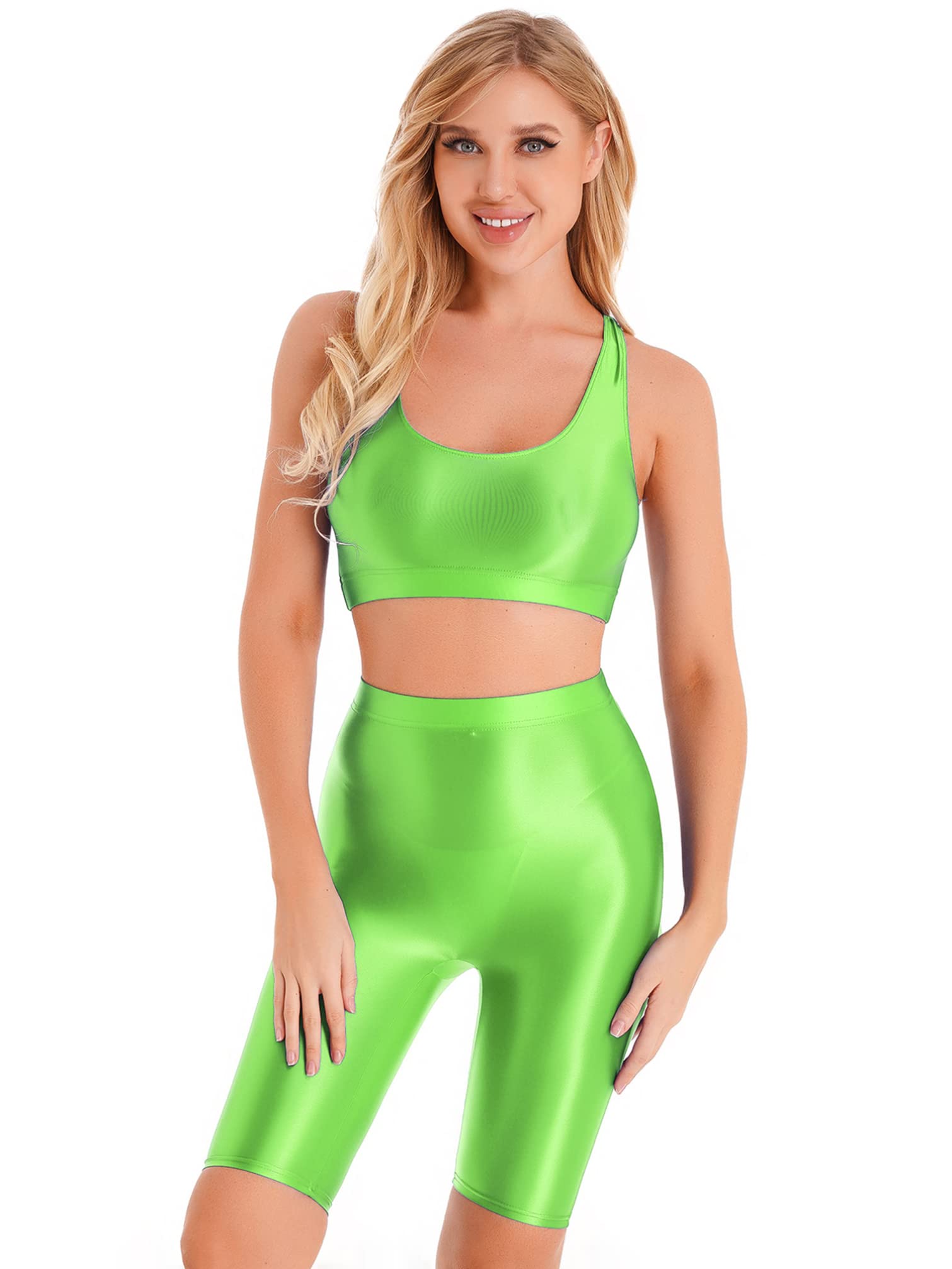 YiZYiF Women Glossy 2 Piece Set Yoga Crop Top Shorts Set Outfits Sleeveless Tracksuit Workout Set Fluorescent Green X-Large