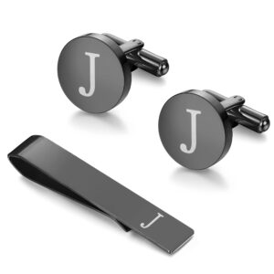 LOYALLOOK Black Initial J Cufflinks and Tie Clip Set for Men Personalized Copper Cuff links and Tie Bar Letter Alphabet J Gift for Father Husband