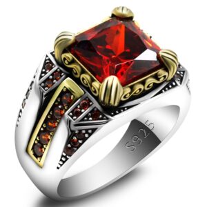 LovePlus Solid S925 Sterling Silver Square Natural Red Cut Zircon Ring Handmade Elegant Style Stone Men's/Women's Ring, Suitable for Daily Wear Gift Size (10)