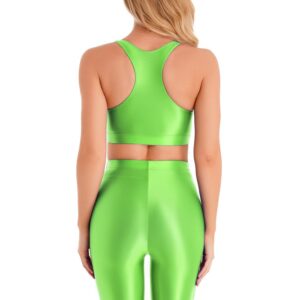 YiZYiF Women Glossy 2 Piece Set Yoga Crop Top Shorts Set Outfits Sleeveless Tracksuit Workout Set Fluorescent Green X-Large