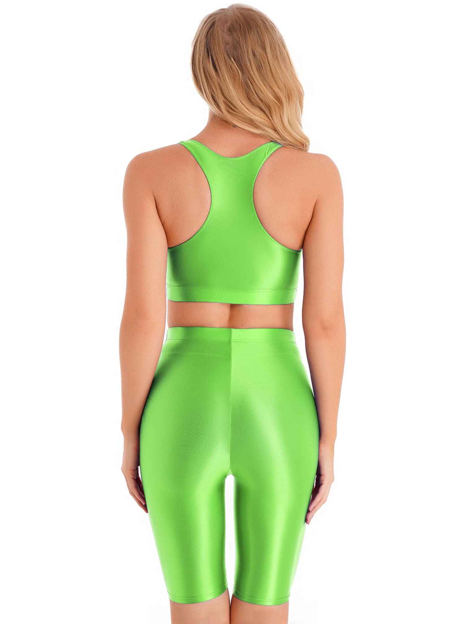 YiZYiF Women Glossy 2 Piece Set Yoga Crop Top Shorts Set Outfits Sleeveless Tracksuit Workout Set Fluorescent Green X-Large