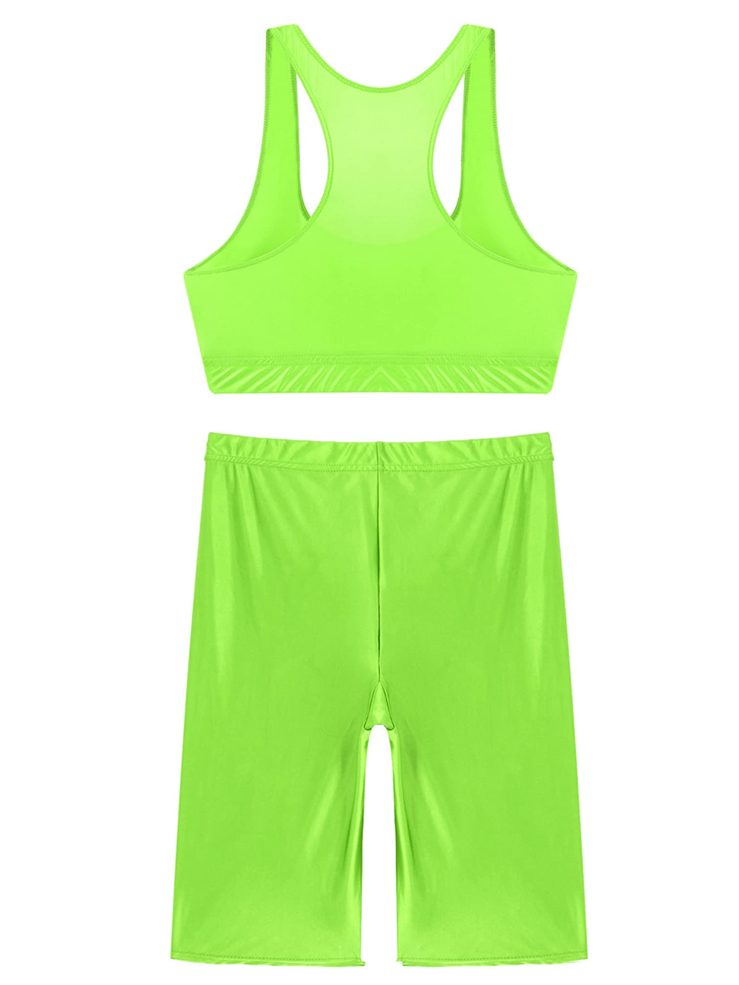 YiZYiF Women Glossy 2 Piece Set Yoga Crop Top Shorts Set Outfits Sleeveless Tracksuit Workout Set Fluorescent Green X-Large