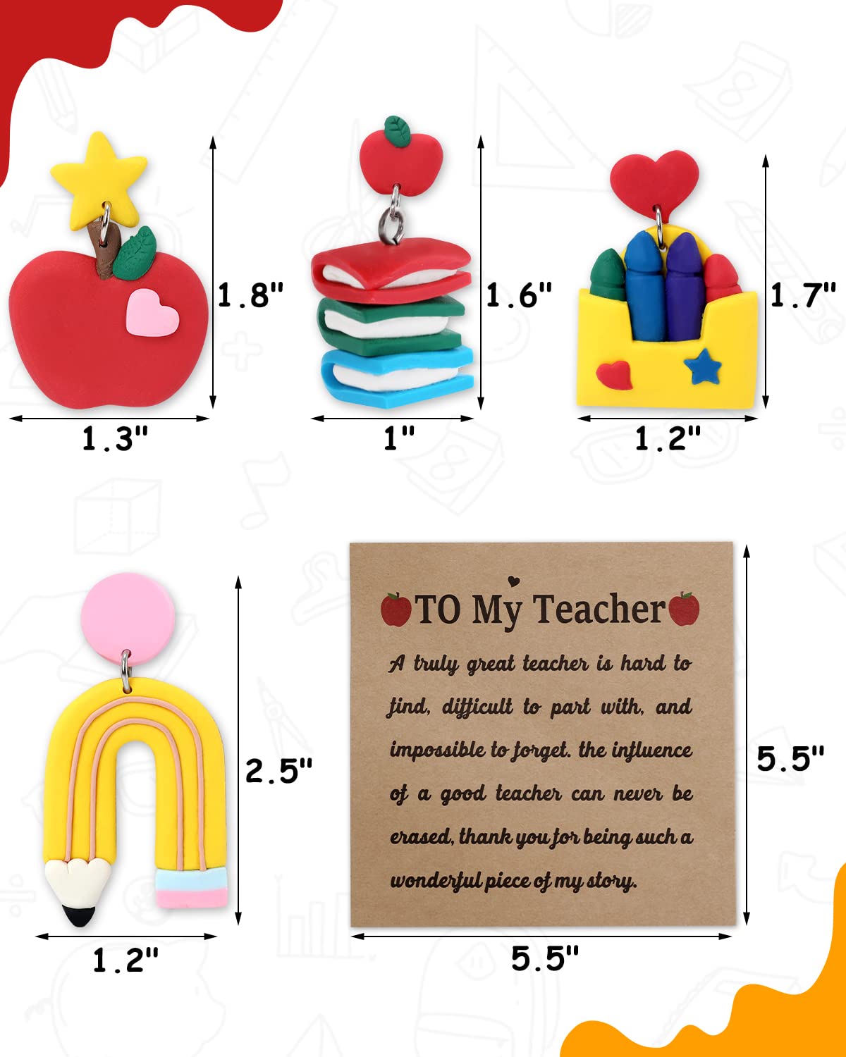 Tuitessine Teacher Polymer Clay Earrings with Appreciation Card Apple Pencil Books Crayons Jewelry for Mrs. Teacher Master Tutor Christmas Holidays Gift Basket Set of 4 Earrings in A Wrapped Box