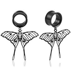 Atomhole 2PCS Butterfly Pendant Ear Plugs Tunnels Hypoallergenic Ear Gauges 316 Stainless Steel Ear Expander Stretcher Earrings Piercing Body Jewelry 2g-1" (6mm-25mm)