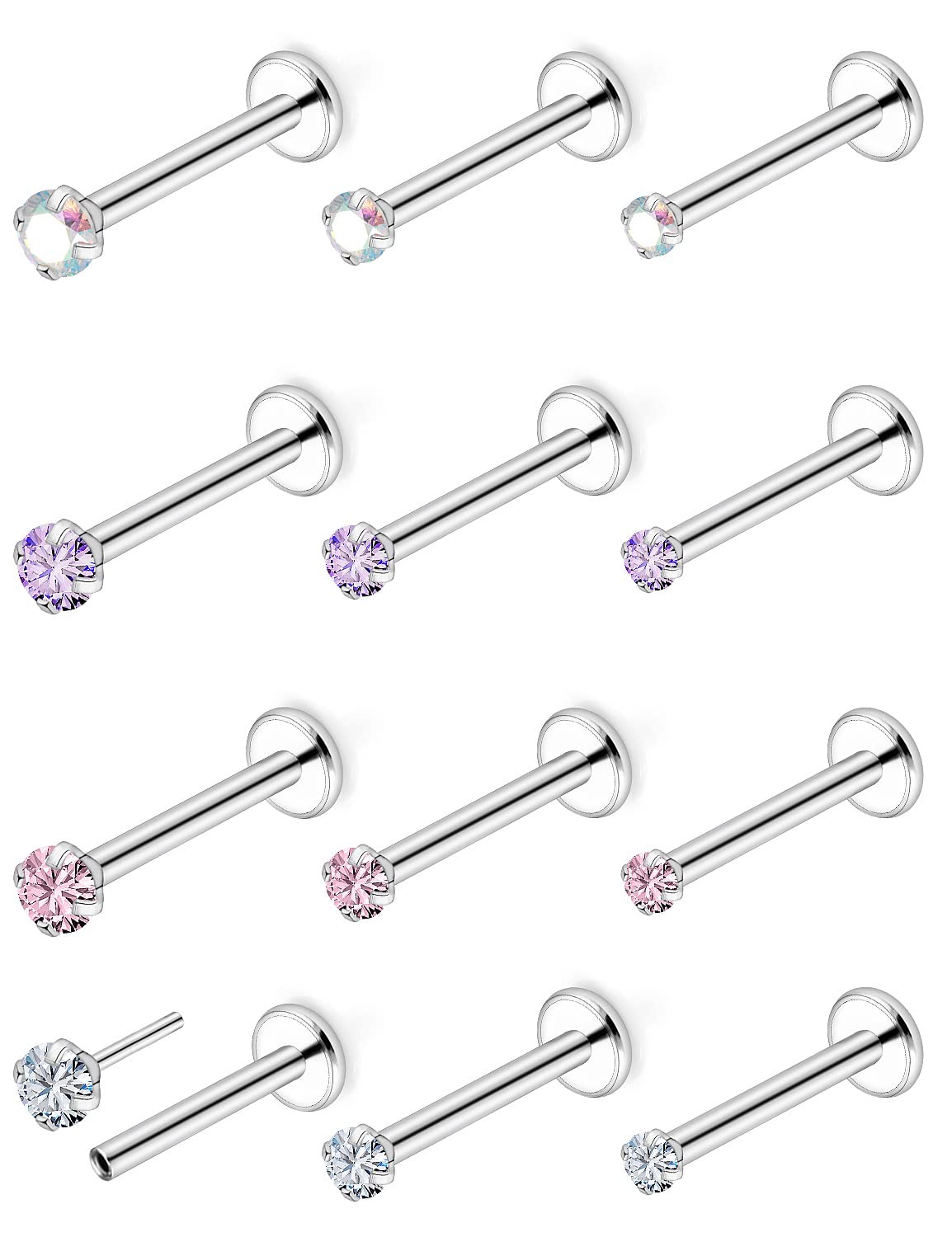 Xwnskvvz 18G Threadless Push in Nose Rings Studs Medusa Piercing Jewelry Stainless Steel Labret Jewelry Monroe Lip Rings Studs 2/2.5/3MM Crystal Top Tragus Forward Helix Cartilage Earring 10mm