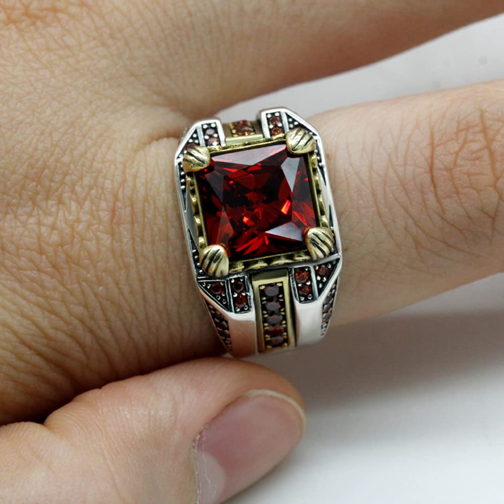 LovePlus Solid S925 Sterling Silver Square Natural Red Cut Zircon Ring Handmade Elegant Style Stone Men's/Women's Ring, Suitable for Daily Wear Gift Size (10)