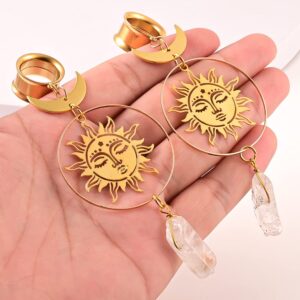 Atomhole 2PCS Ear Gauges Cool Sun Moon Ear Pendant Tunnels Plugs Hypoallergenic 316 Stainless Steel Earrings Stretcher Expander for Piercing Body Jewelry