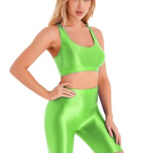 YiZYiF Women Glossy 2 Piece Set Yoga Crop Top Shorts Set Outfits Sleeveless Tracksuit Workout Set Fluorescent Green X-Large