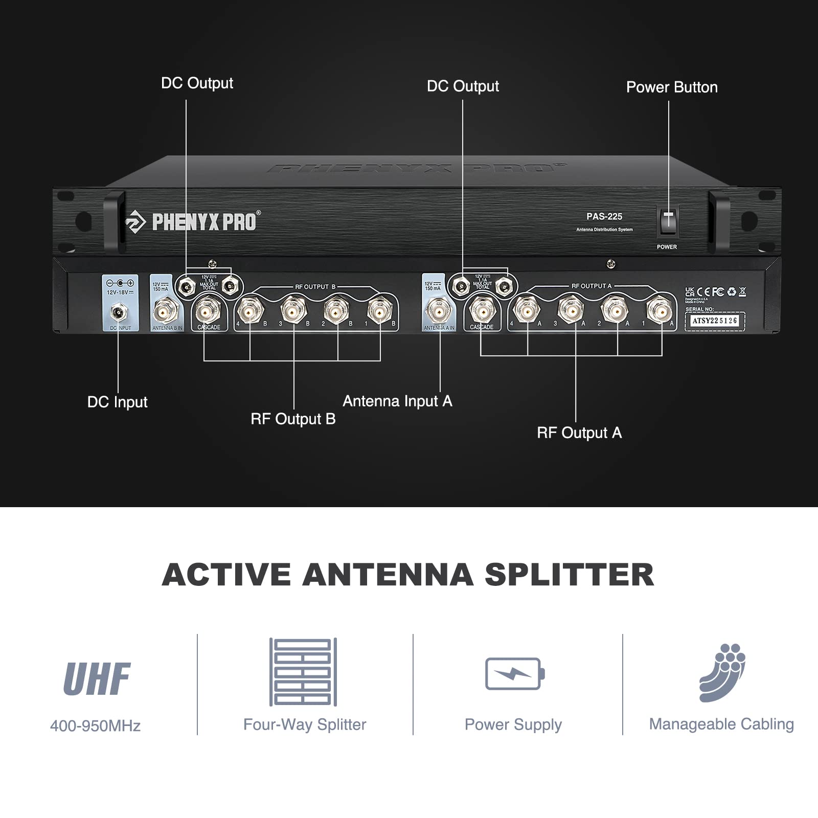 Phenyx Pro PAS-225X UHF Wireless Antenna Distribution System Bundle, Active Directional Antennas, 8 Outputs + 2 Cascade Ports, 160ft Long Coverage, for Stages and Live Shows