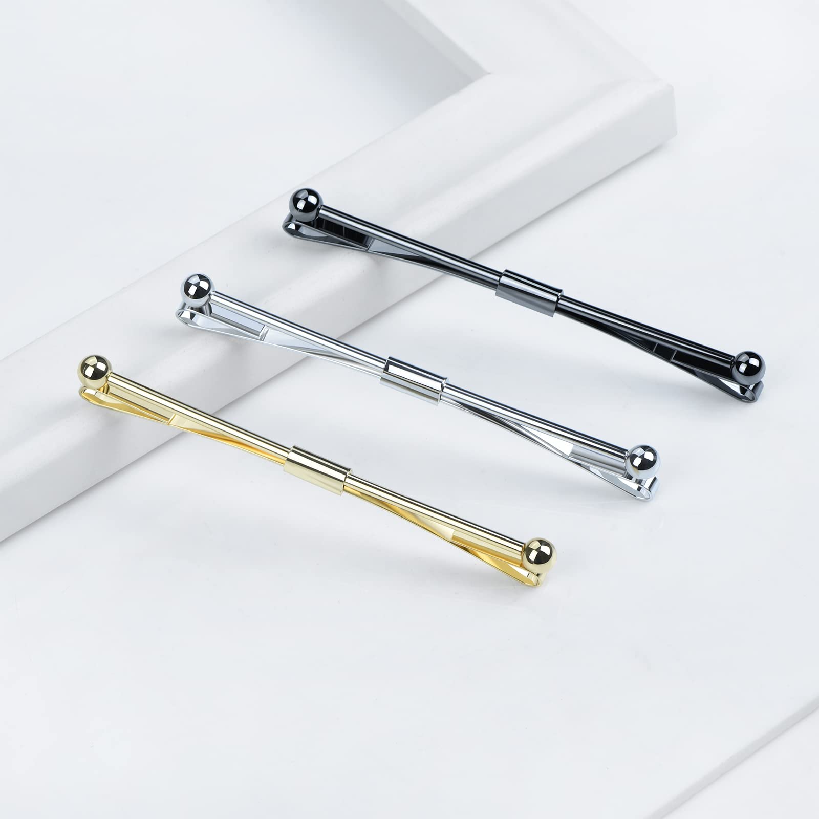 VVCome 3PCS Men's Classic Tie Clips Shirt Collar Clip Collar Bar for Necktie Gold Silver Black Tone Necktie Bar Pinch Clips Tie Pins Collar Holder (75mm Length)